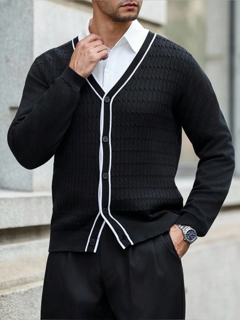 Men's Black V-Neck Cardigan Sweater with White Trim